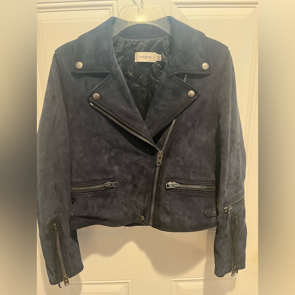 COACH 1941 Burnished Lamb Suede Moto Jacket Navy